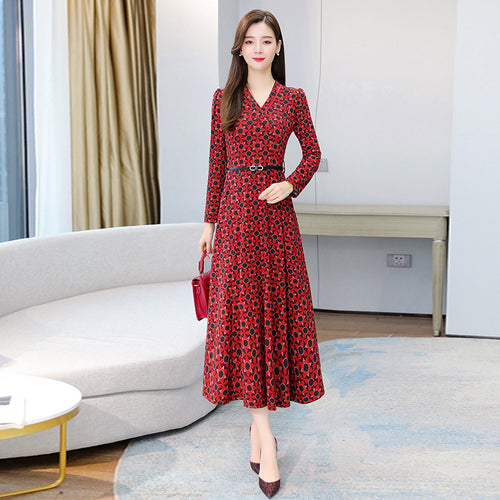 Elegant Autumn Winter Printed V-neck Long Sleeve Dress