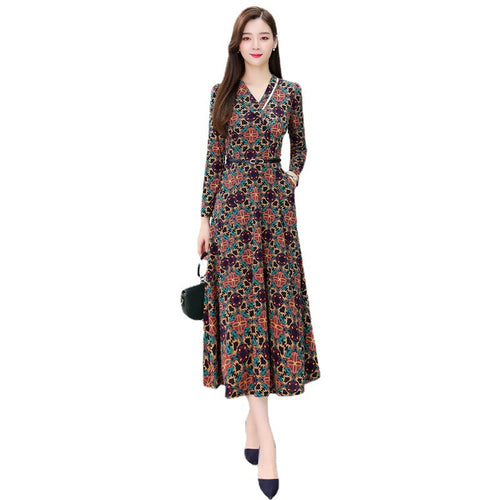 Elegant Autumn Winter Printed V-neck Long Sleeve Dress