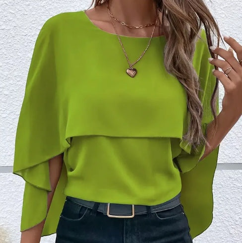 Layered Cloak Sleeve Versatile Crew Neck Blouse For Spring & Fall