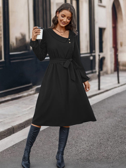 Autumn And Winter Irregular Collar Button Long Sleeve Dress