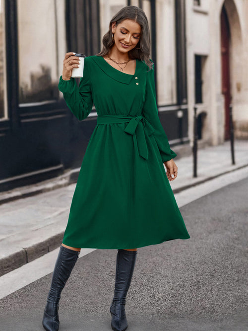 Autumn And Winter Irregular Collar Button Long Sleeve Dress