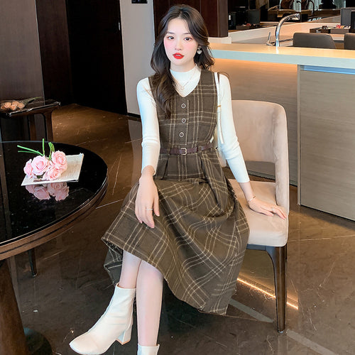 Winter French Retro Waist Sleeveless Plaid Tweed Strappy Dress