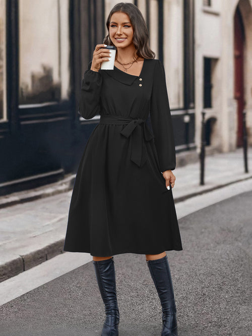 Autumn And Winter Irregular Collar Button Long Sleeve Dress