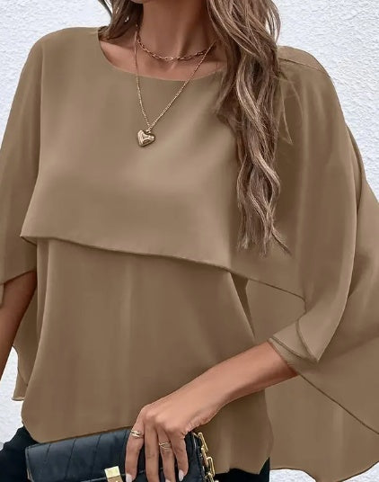 Layered Cloak Sleeve Versatile Crew Neck Blouse For Spring & Fall