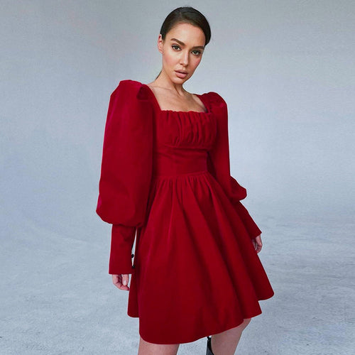 Fashion New Velvet Red Sexy Square Neck Dress