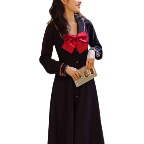 Fall Winter French Vintage Navy Long Sleeve Dress