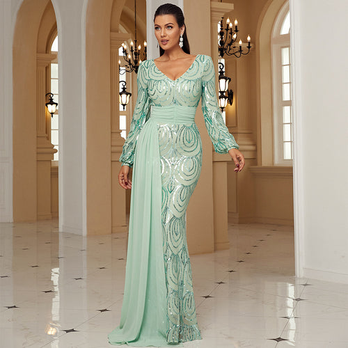 Long Sleeve Sexy Long Sequined V-neck Banquet Ribbon Evening Dress