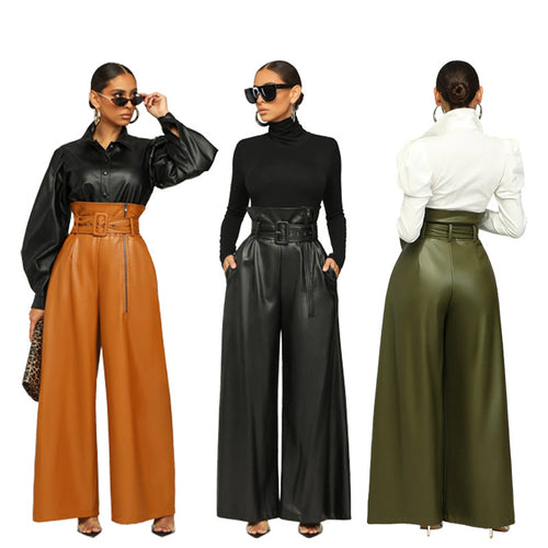 High Waist PU Leather Metal Belt Wide Leg Trousers