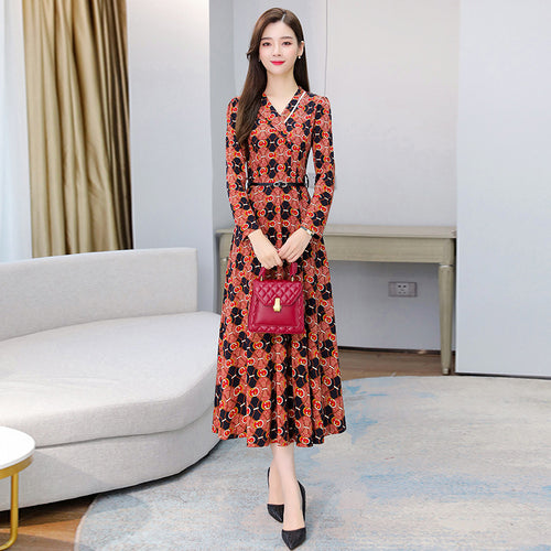 Elegant Autumn Winter Printed V-neck Long Sleeve Dress