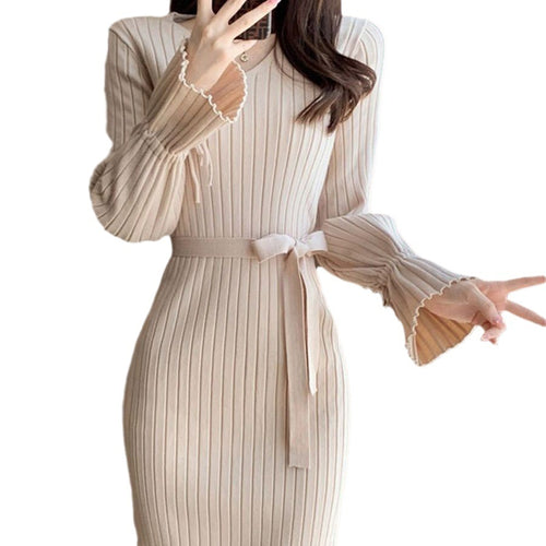 Bell Sleeve Solid Color Knitted Dress Autumn And Winter