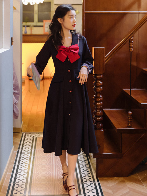 Fall Winter French Vintage Navy Long Sleeve Dress