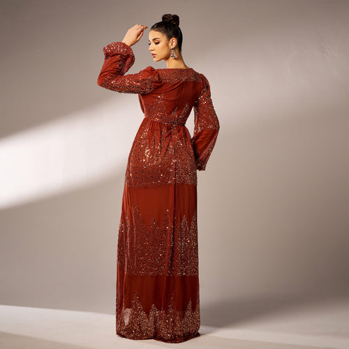 Long Sleeve V-neck Sexy Long Sequined Evening Dress