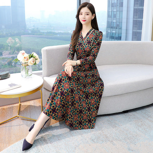 Elegant Autumn Winter Printed V-neck Long Sleeve Dress