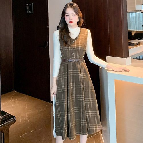 Winter French Retro Waist Sleeveless Plaid Tweed Strappy Dress