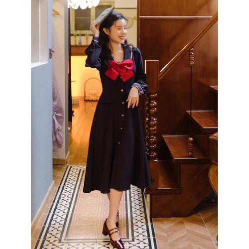 Fall Winter French Vintage Navy Long Sleeve Dress