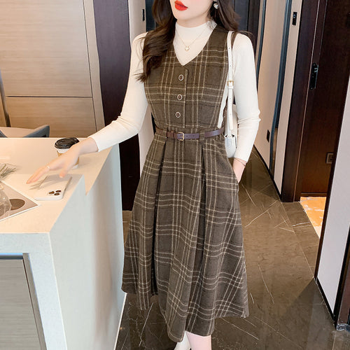 Winter French Retro Waist Sleeveless Plaid Tweed Strappy Dress