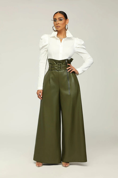 High Waist PU Leather Metal Belt Wide Leg Trousers