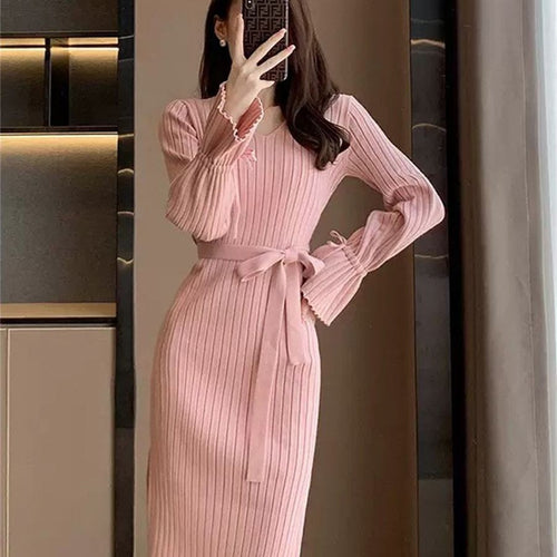 Bell Sleeve Solid Color Knitted Dress Autumn And Winter