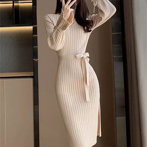 Bell Sleeve Solid Color Knitted Dress Autumn And Winter