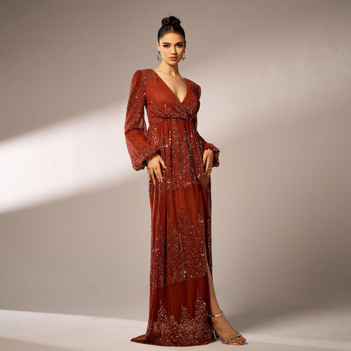 Long Sleeve V-neck Sexy Long Sequined Evening Dress