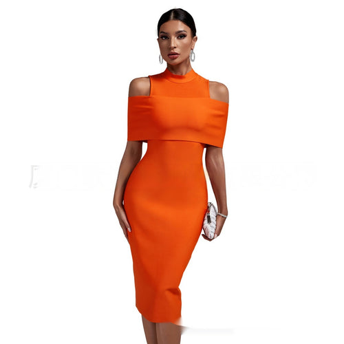 Shoulder-baring Slim-fit Solid Color Stretch Evening Dress