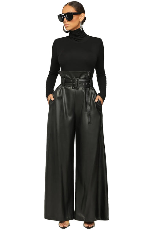 High Waist PU Leather Metal Belt Wide Leg Trousers
