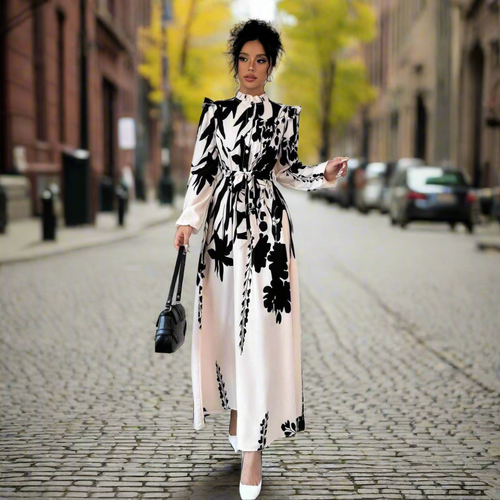 Women's Flower Waist Long Sleeve A- Line Dress
