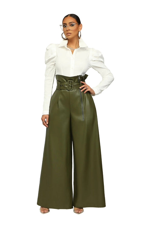 High Waist PU Leather Metal Belt Wide Leg Trousers