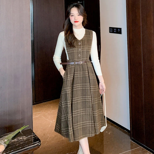 Winter French Retro Waist Sleeveless Plaid Tweed Strappy Dress