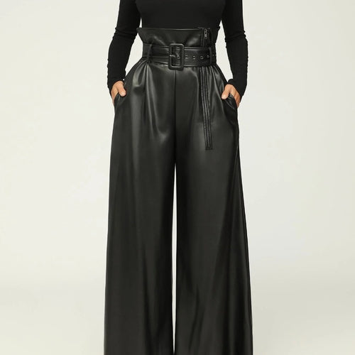 High Waist PU Leather Metal Belt Wide Leg Trousers