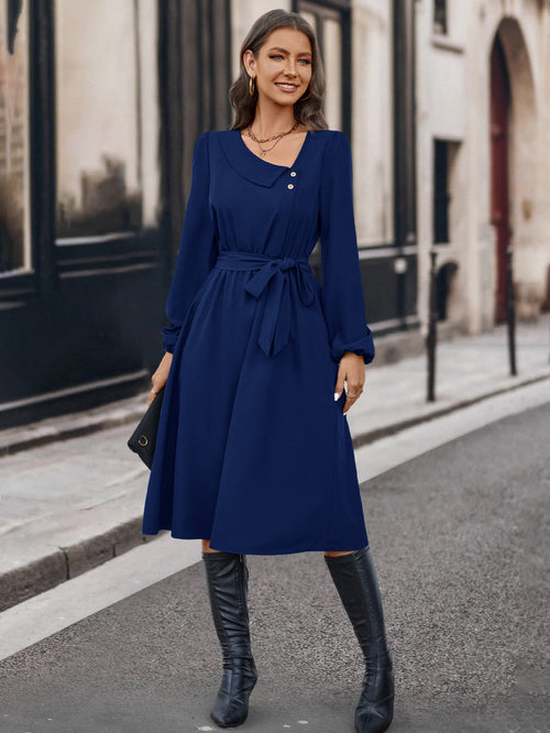 Autumn And Winter Irregular Collar Button Long Sleeve Dress