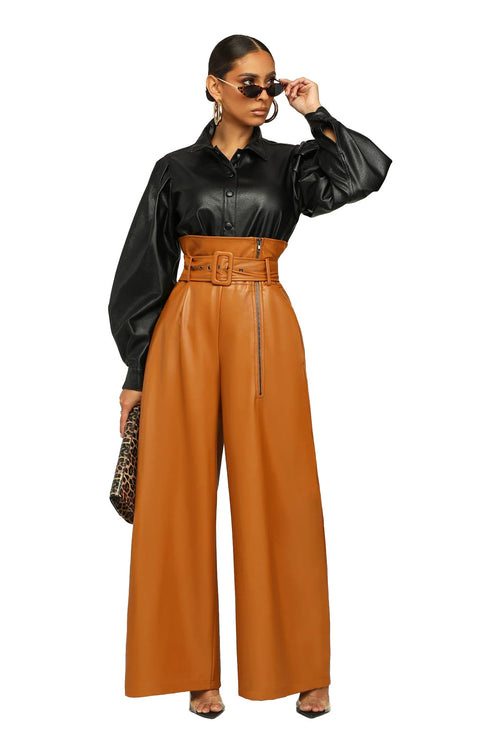 High Waist PU Leather Metal Belt Wide Leg Trousers
