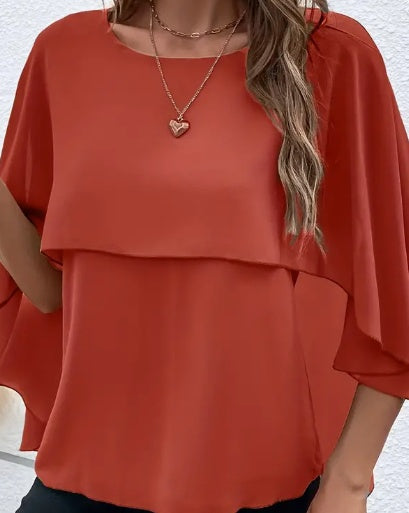Layered Cloak Sleeve Versatile Crew Neck Blouse For Spring & Fall