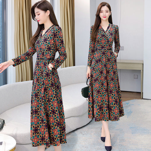 Elegant Autumn Winter Printed V-neck Long Sleeve Dress