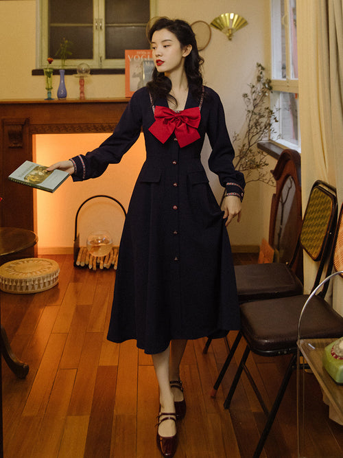 Fall Winter French Vintage Navy Long Sleeve Dress