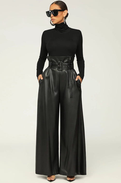 High Waist PU Leather Metal Belt Wide Leg Trousers